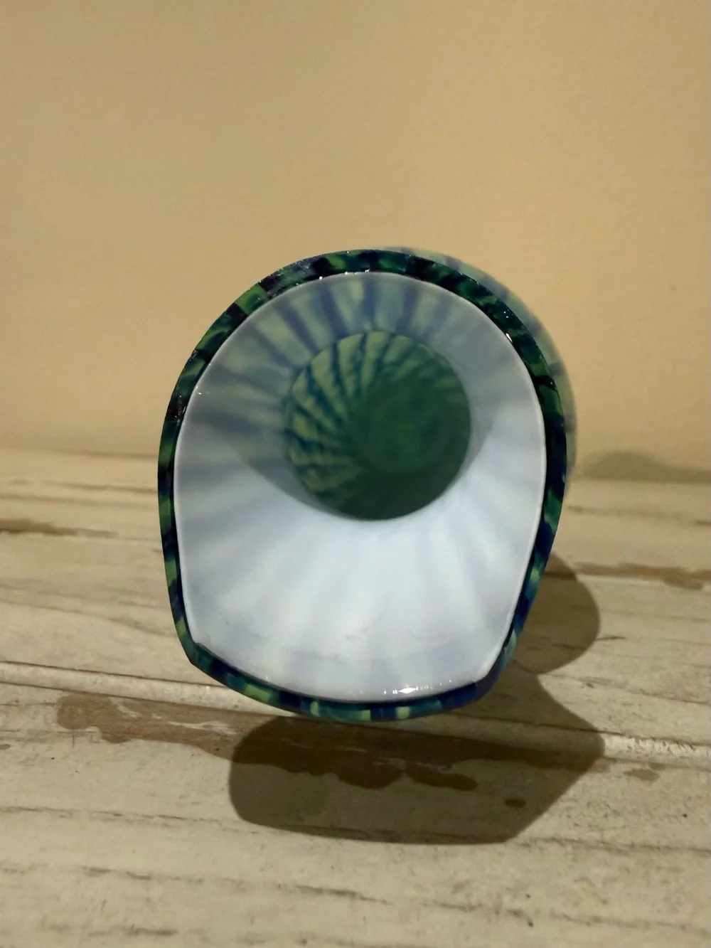 Vintage Blue & Green Art Glass Vase Slanted Rim Swirl Ribbed Decor 6.5